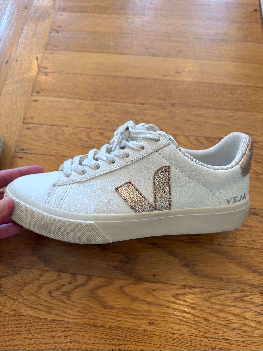 Veja Women's White Leather Sneakers with Gold V Accent - Only worn once!